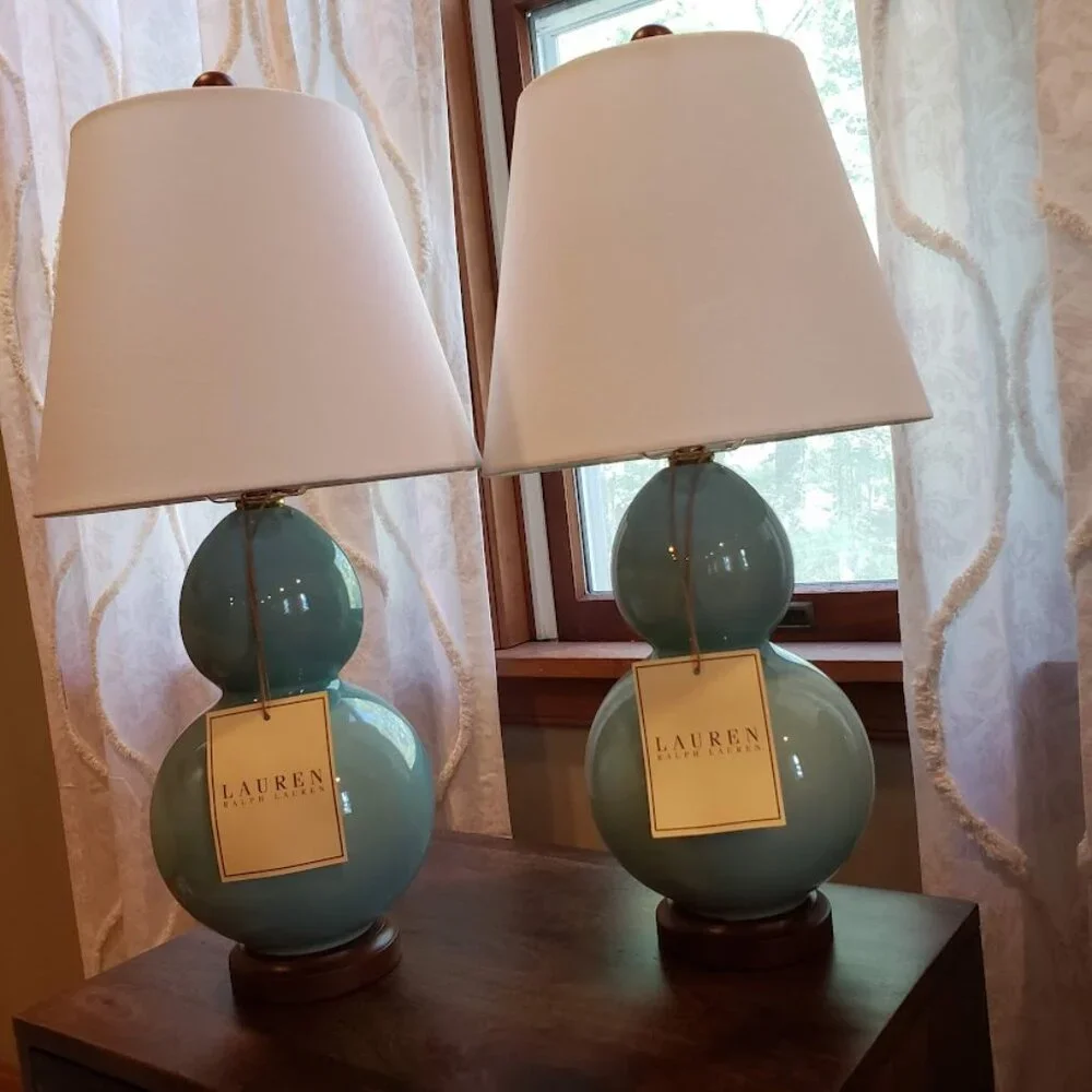 NWT Rare Aqua Color Ralph Lauren Petite Double Gourd Pair of Lamps - Picture 5 of 16